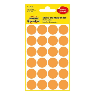Etikett AVERY 3173 jelölőpont 18mm neon narancs 96 darabos