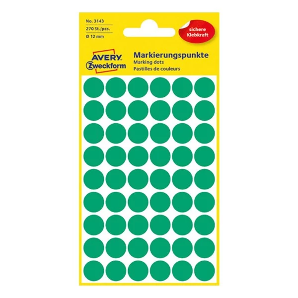 Etikett AVERY 3143 jelölőpont 12mm zöld 270 darabos