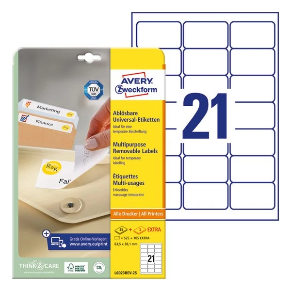 Etikett AVERY L6023REV-25 63,5X38,1 univerzális visszaszedhető 25+5 ív/doboz