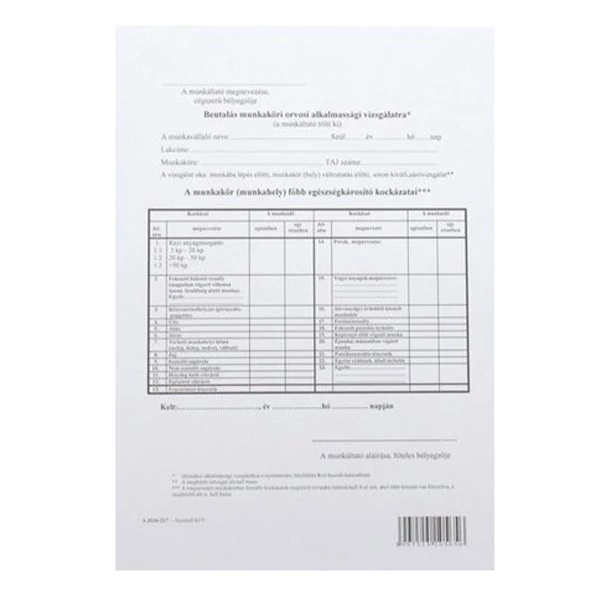 Nyomtatvány beutalási munkaköri orvosi alkalmassági vizsgálatra A/4